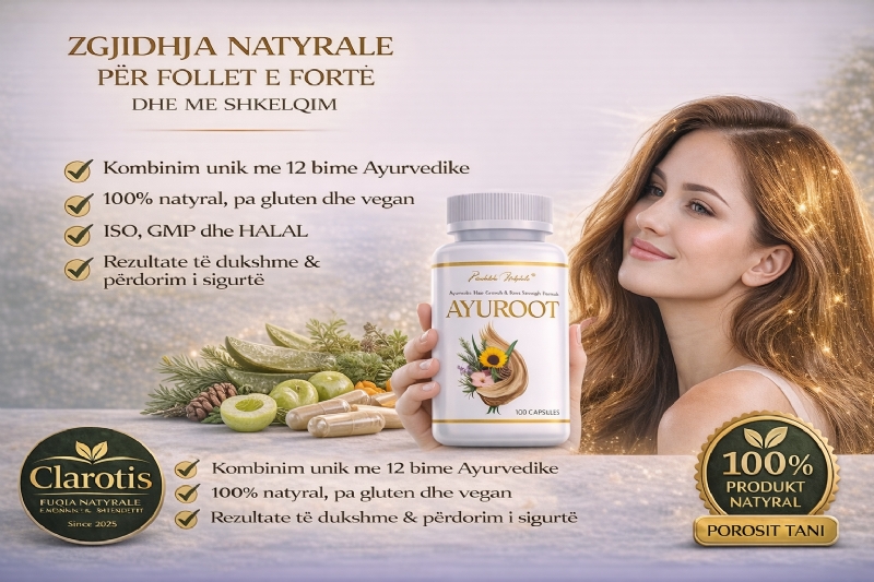 AYUROOT suplement bimor nga CLAROTIS, suplement per floket pa kimikate, suplement natyral per floket, kapsula per floket ISO GMP HALAL, suplement per floket pa gluten, suplement vegane per floket, kapsula per rritjen e flokeve natyrale