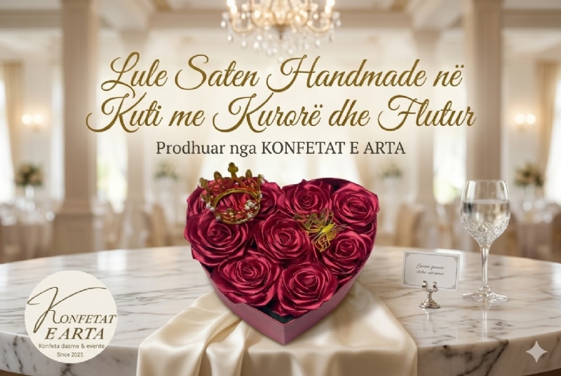 Lule Saten Handmade në Kuti me Kurorë dhe Flutur nga KONFETAT E ARTA, kuti me lule saten handmade, dhuratë me lule saten, lule artificiale saten, dhuratë romantike, dekor me lule në kuti, dhuratë e personalizuar me lule dekorative